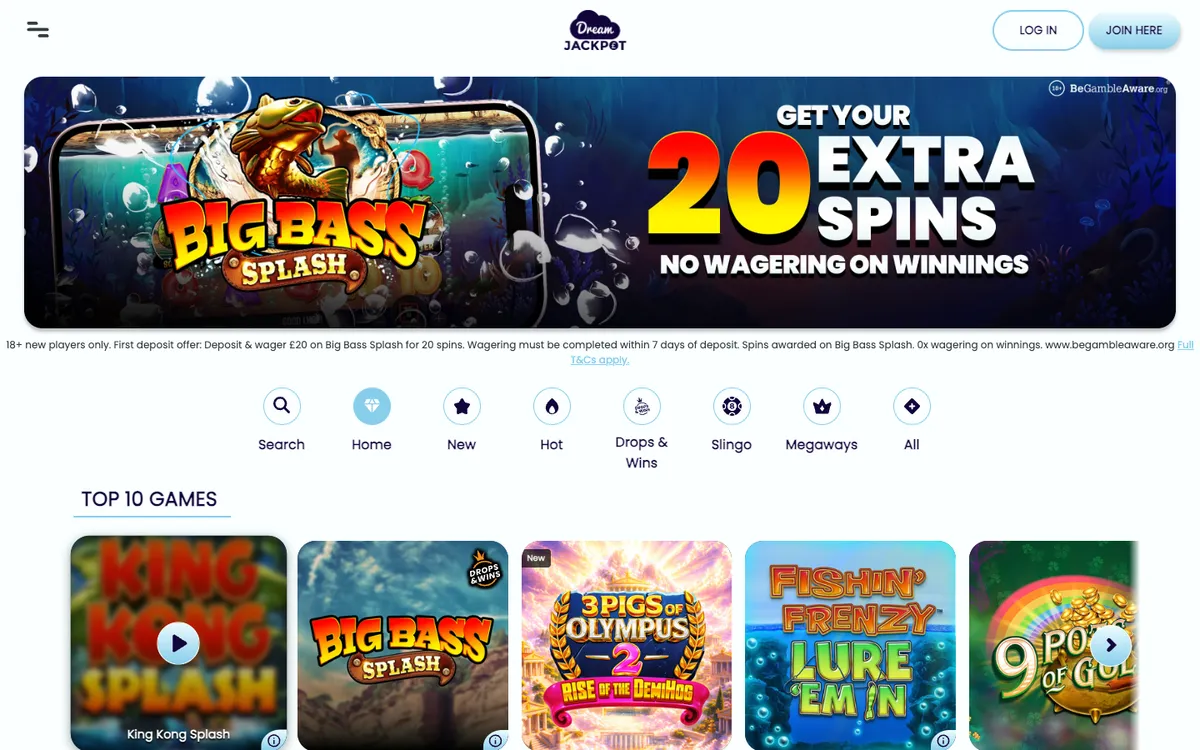 Dream Jackpot Casino — Home page, captured from United Kingdom