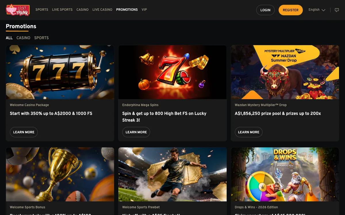 Lucky Trunk Casino — Promotions, captured from Australia