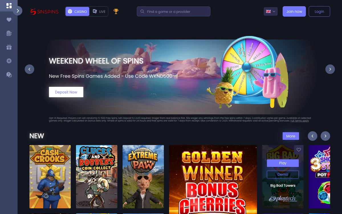 Sin Spins Casino — Home page, captured from Canada