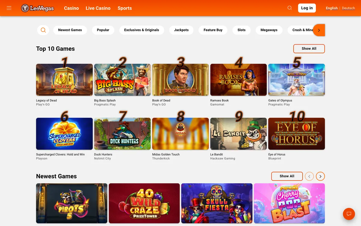 LeoVegas Casino — Home page, captured from Austria