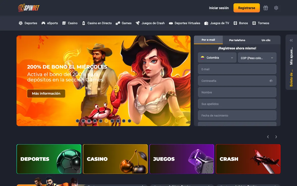 JVSPINBET Casino — Home page, captured from Colombia