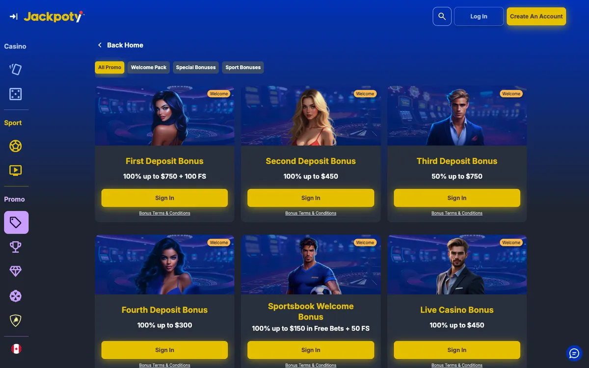 Jackpoty Casino — «Акции», снято из страны Канада