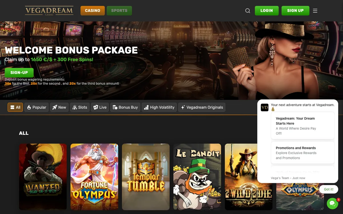 Vegadream Casino — Home page, captured from Canada