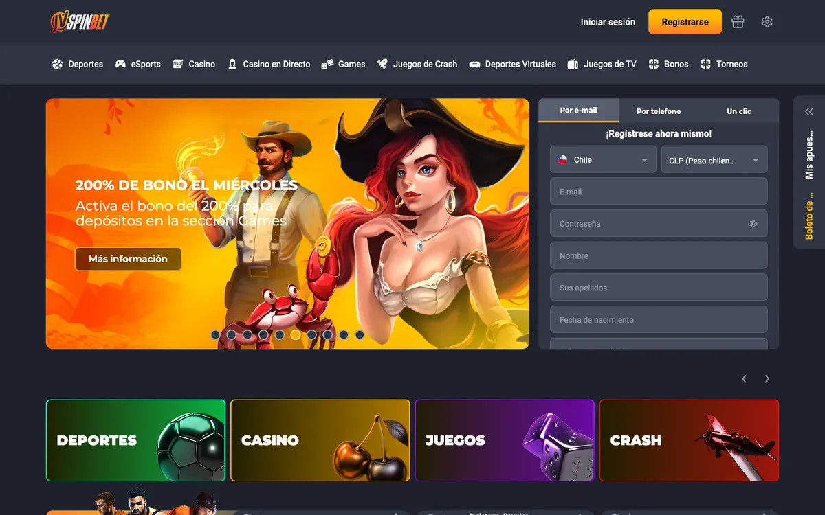 JVSPINBET Casino — Home page, captured from Chile