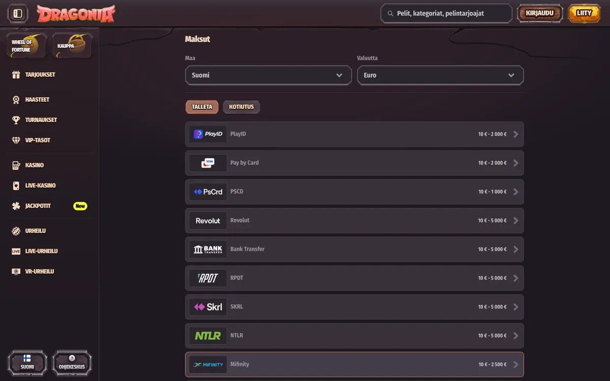 Dragonia Casino — «Платежи», снято из страны Финляндия