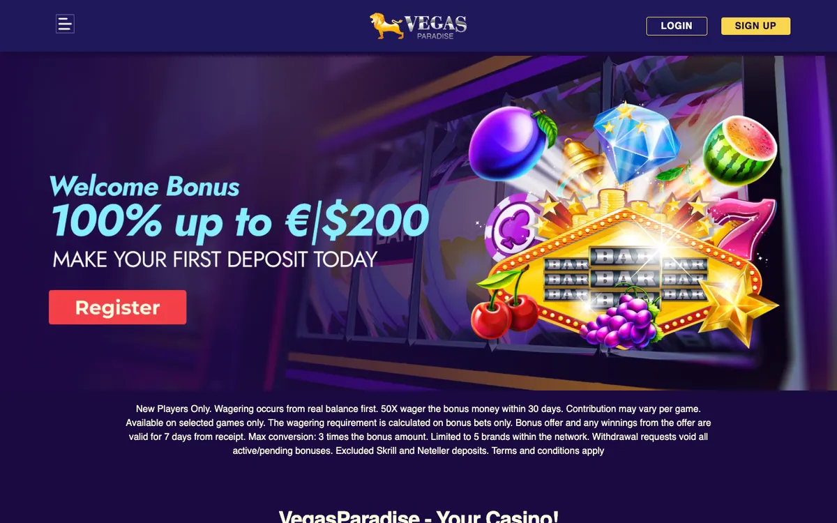 Vegas Paradise Casino — Home page, captured from Belgium