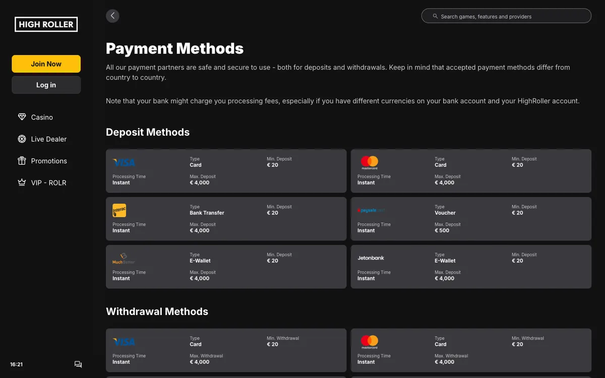 Highroller Casino — Payments, captured from Portugal