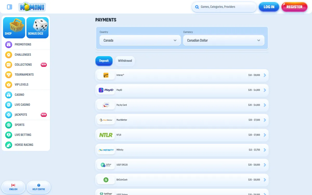 Nomini Casino — «Платежи», снято из страны Канада