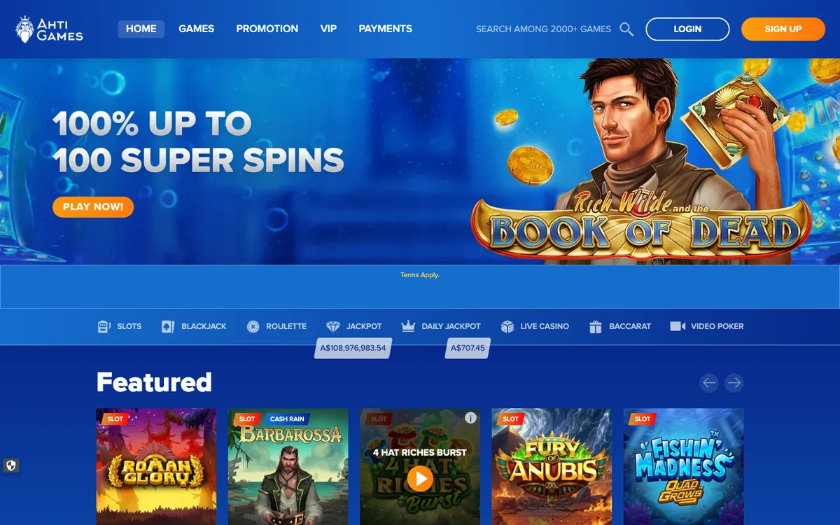 AHTI Games Casino — Home page, captured from Australia