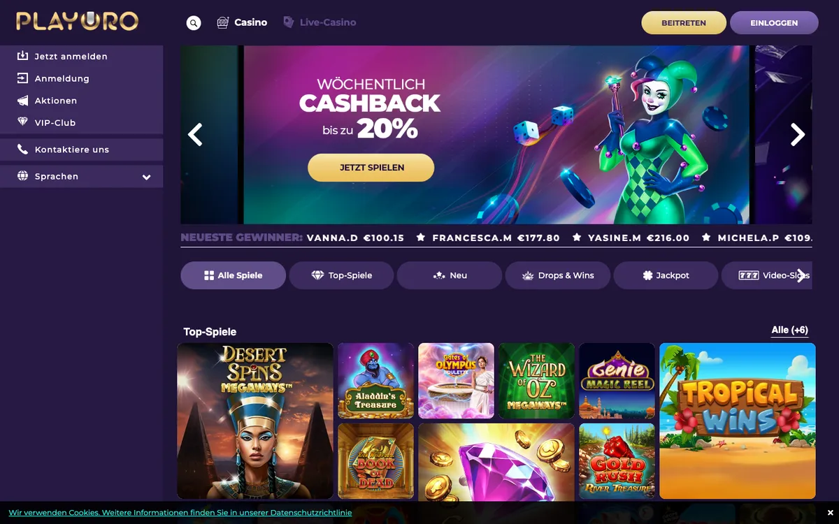 Playoro Casino — Home page, captured from Austria