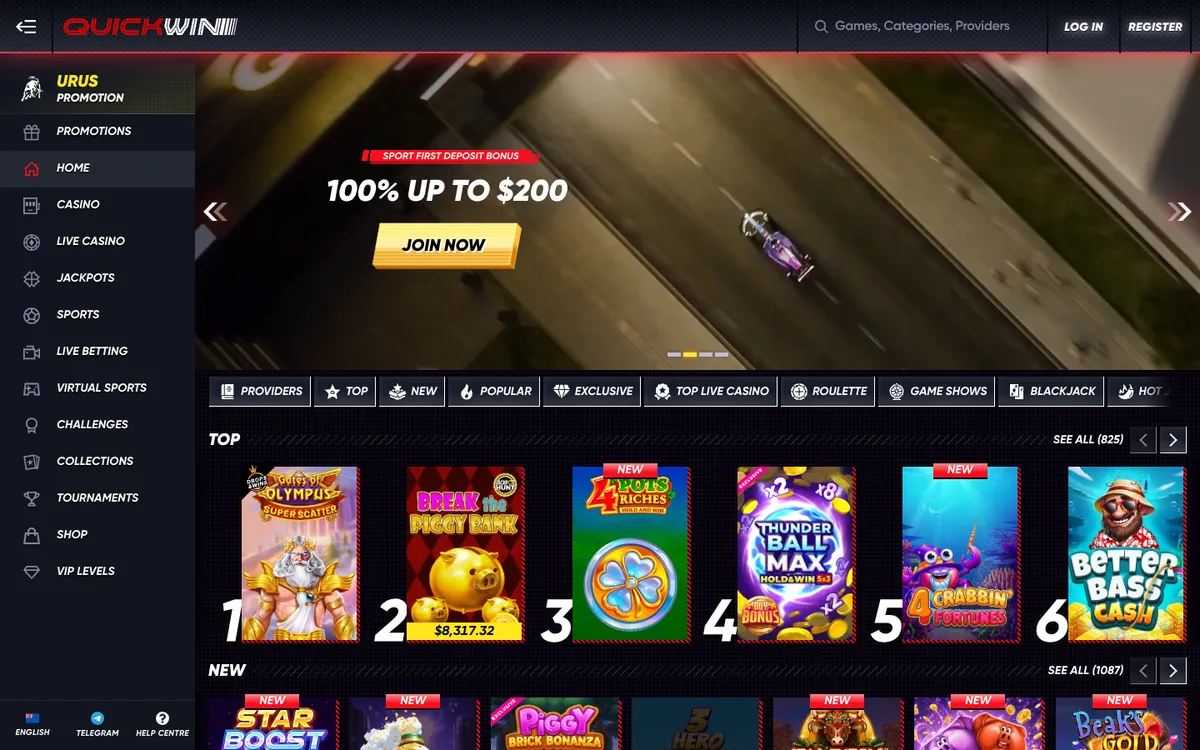 QuickWin Casino — Home page, captured from New Zealand