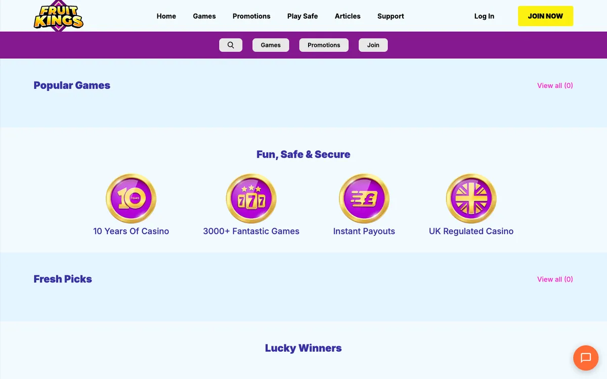 FruitKings Casino — Home page, captured from New Zealand