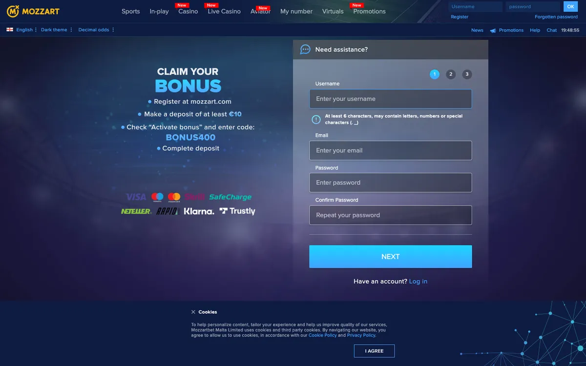 Mozzart Casino — Sign-up, captured from Croatia