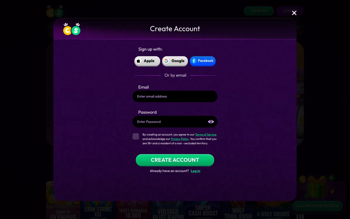 Crown Coins Casino — Sign-up, captured from United States