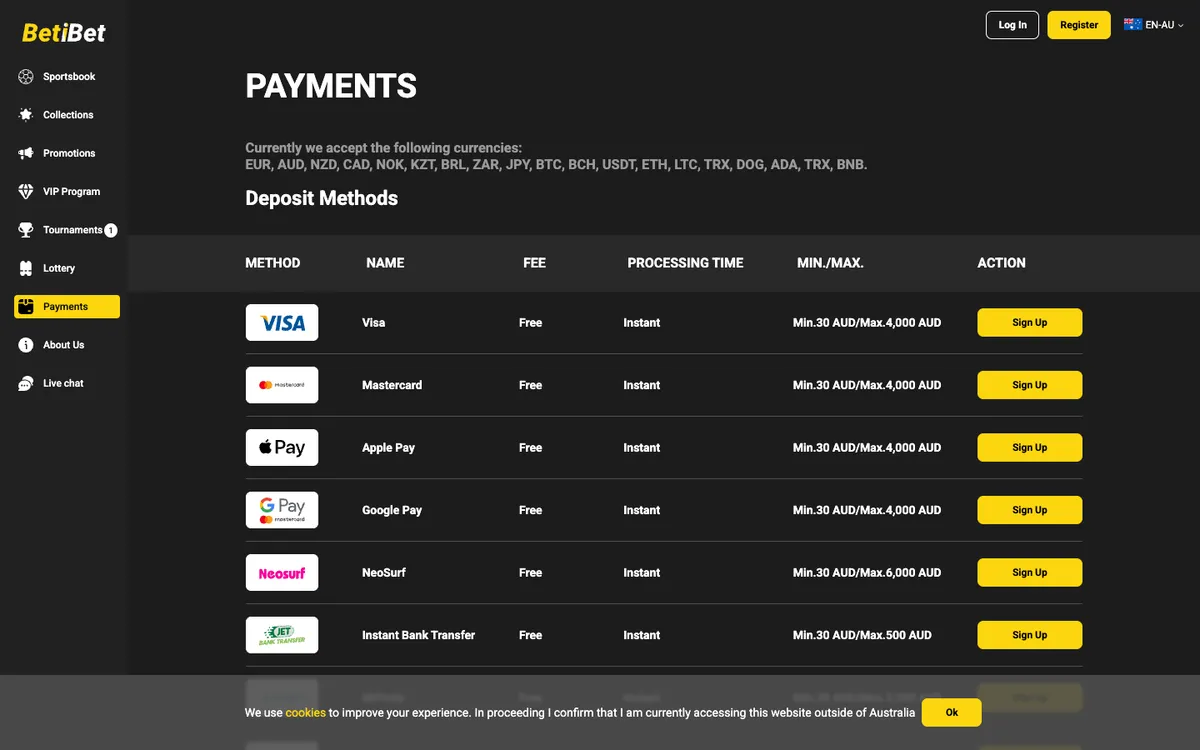 BETiBET Casino — Payments, captured from Australia