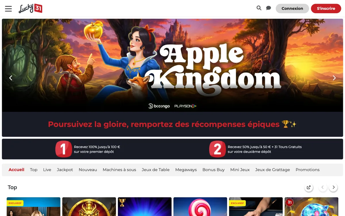 Lucky 31 Casino — Home page, captured from Belgium