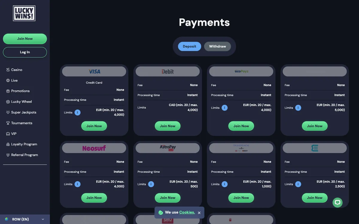 LuckyWins Casino — Payments, captured from South Africa