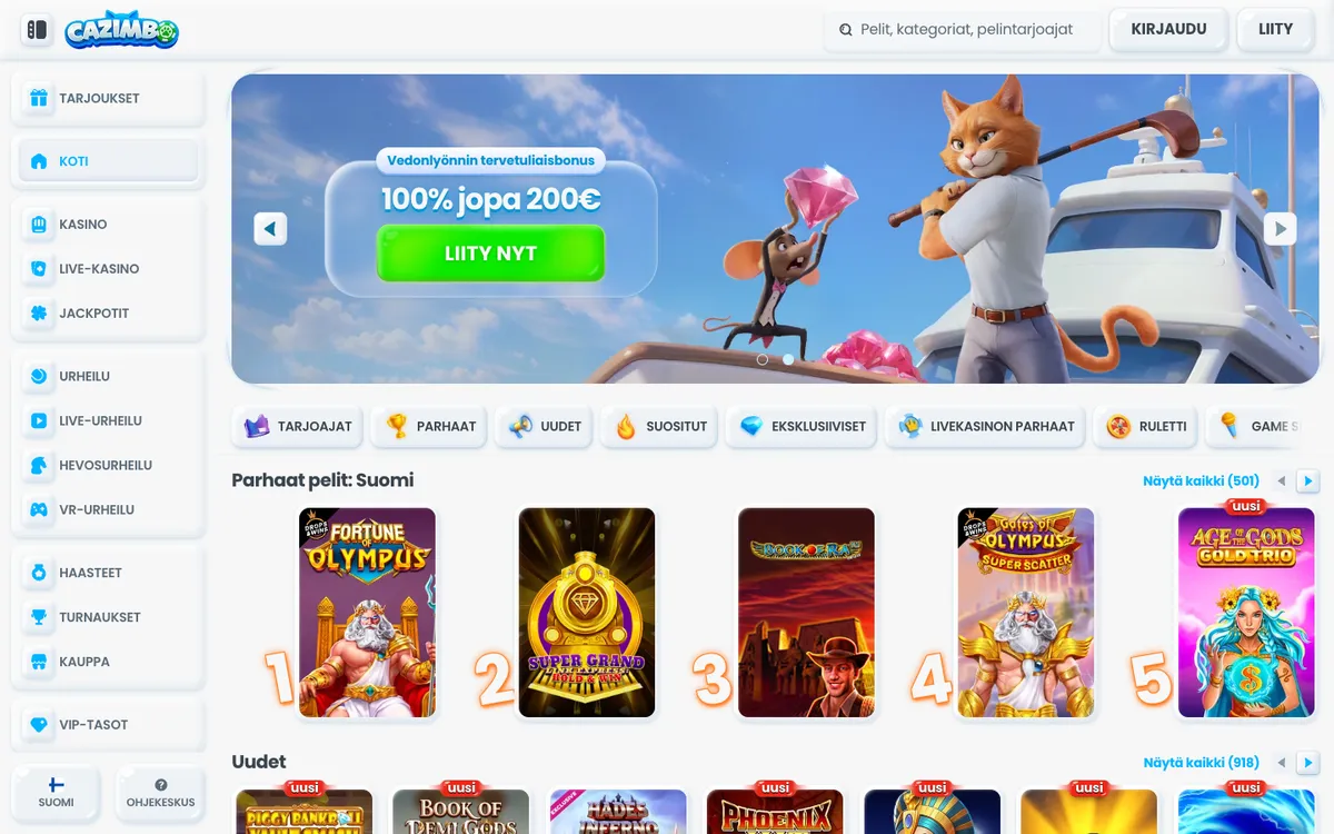 Cazimbo Casino — Home page, captured from Finland