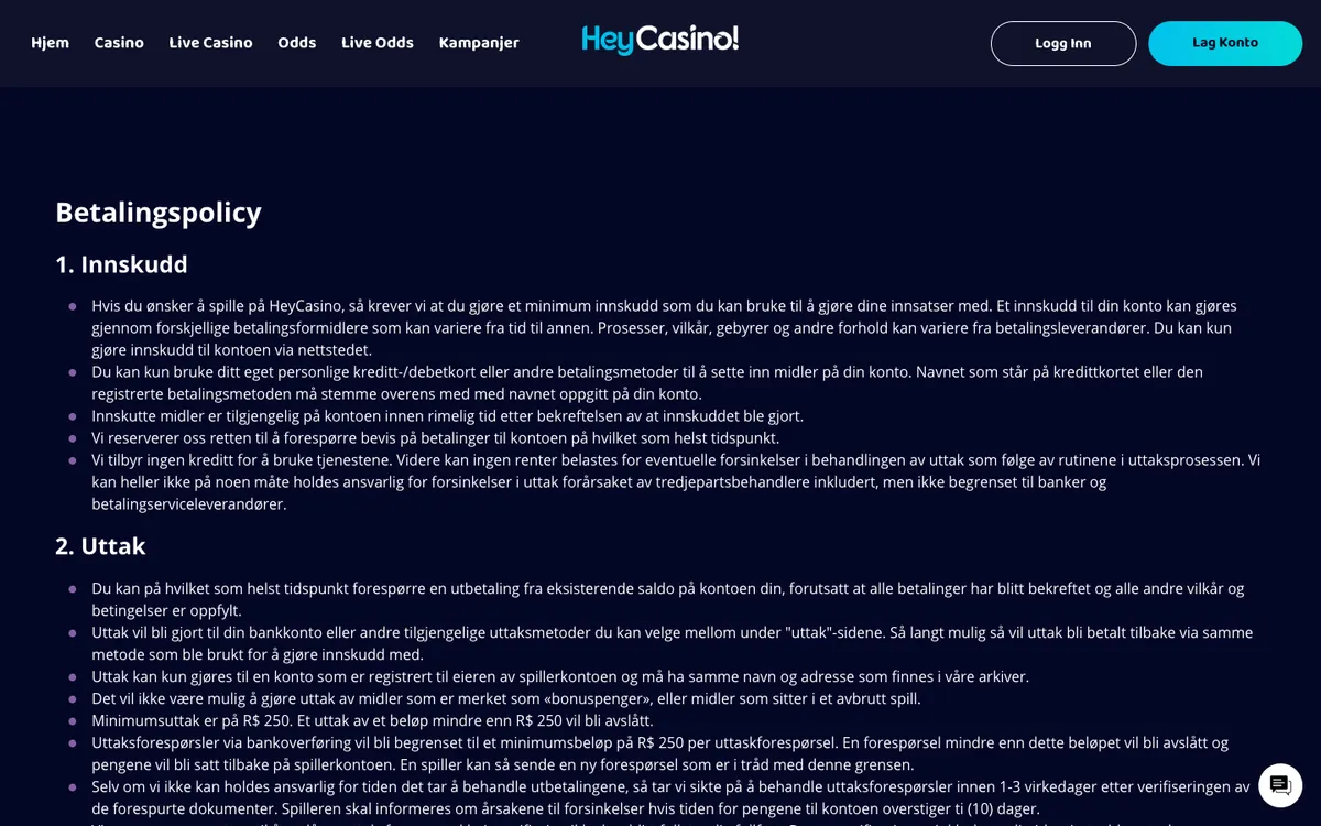 HeyCasino! — Payments, captured from Norway