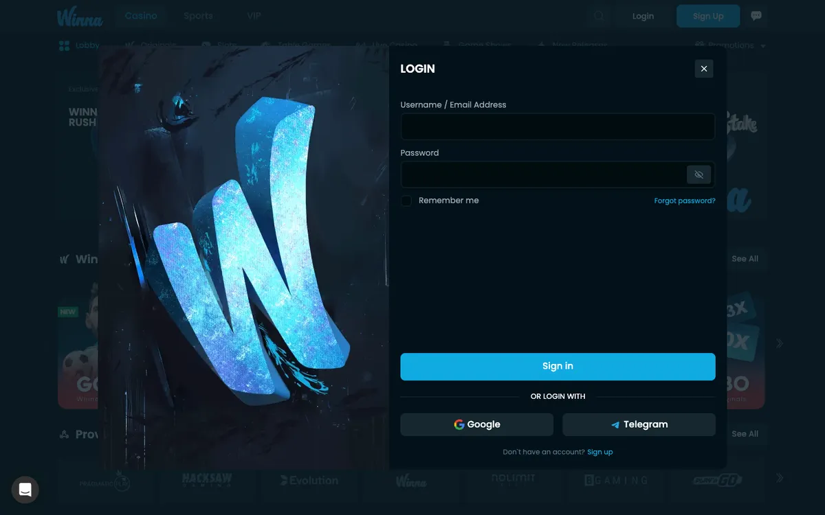 Winna Casino — Sign-up, captured from Austria