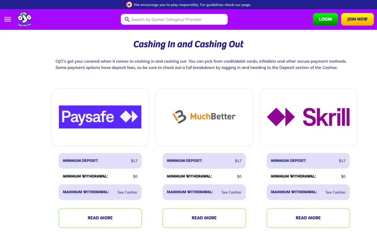 PlayOJO Casino — Payments, captured from New Zealand