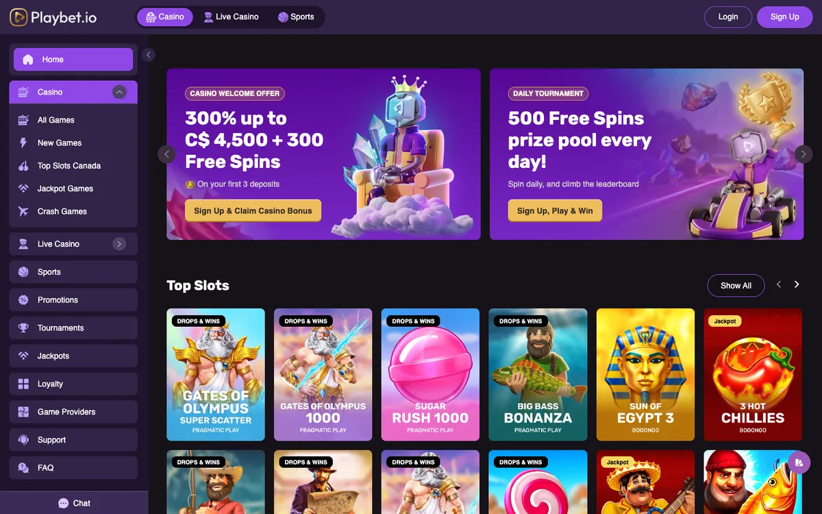 Playbet.io Casino — Home page, captured from Canada