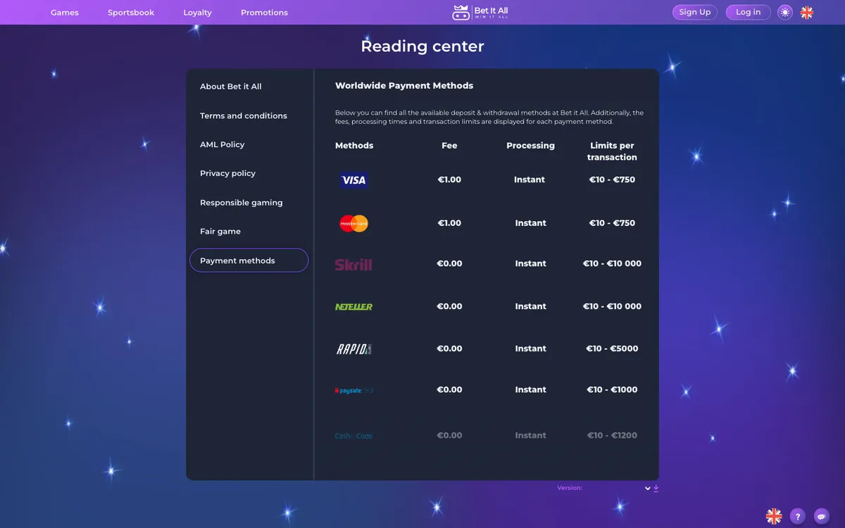 Bet It All Casino — Payments, captured from Canada