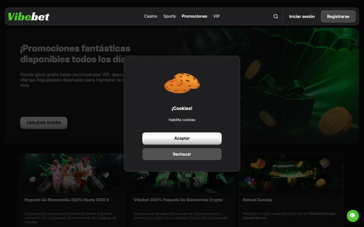 Vibebet Casino — «Акции», снято из страны Испания