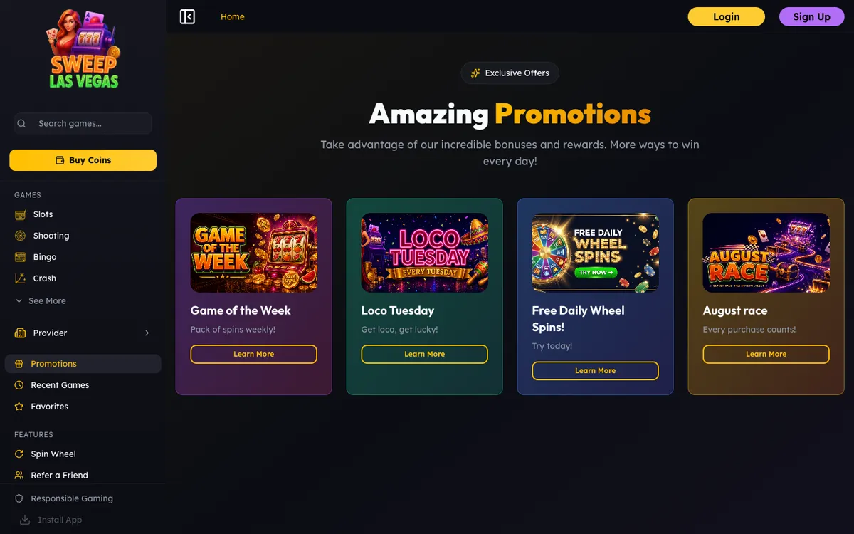Sweep Las Vegas Casino — Promotions, captured from United States