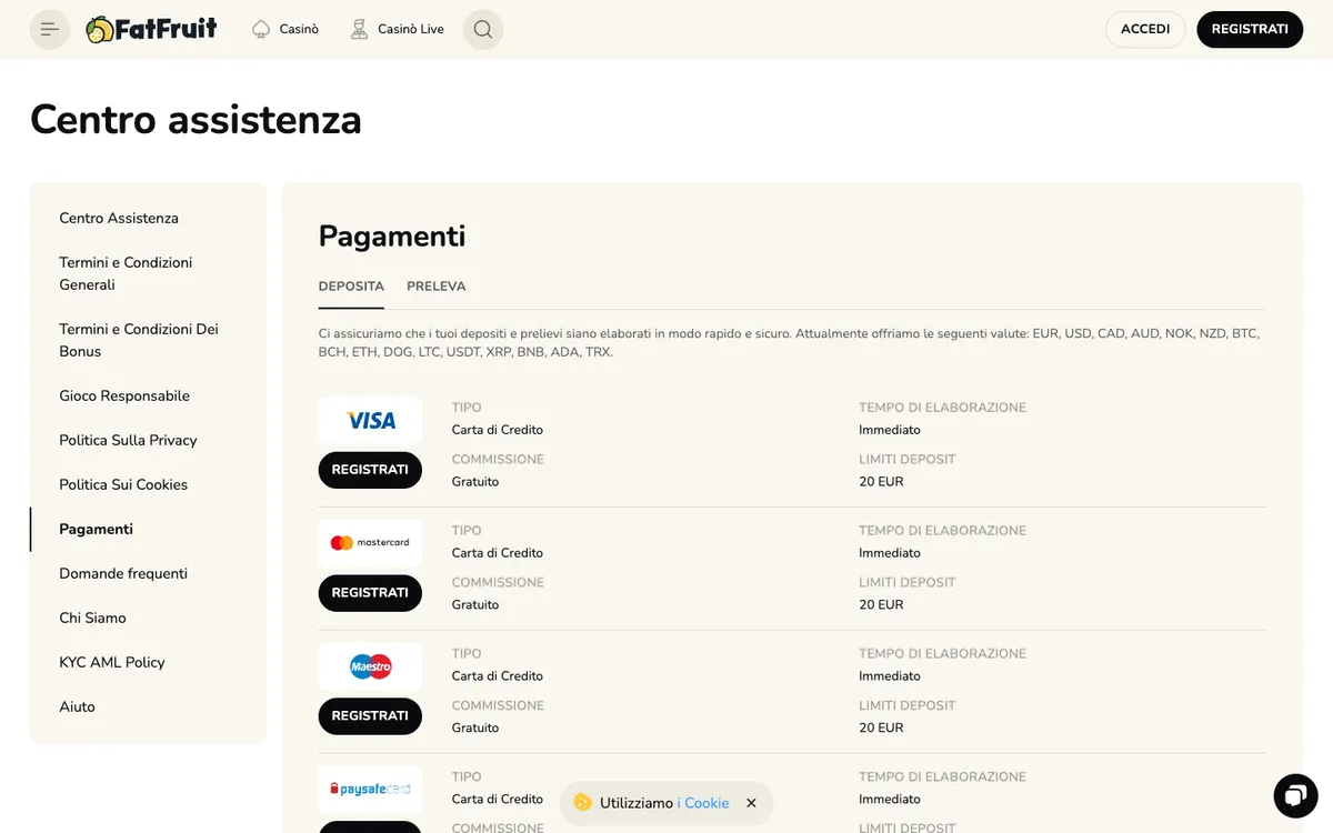 FatFruit Casino — Payments, captured from Italy