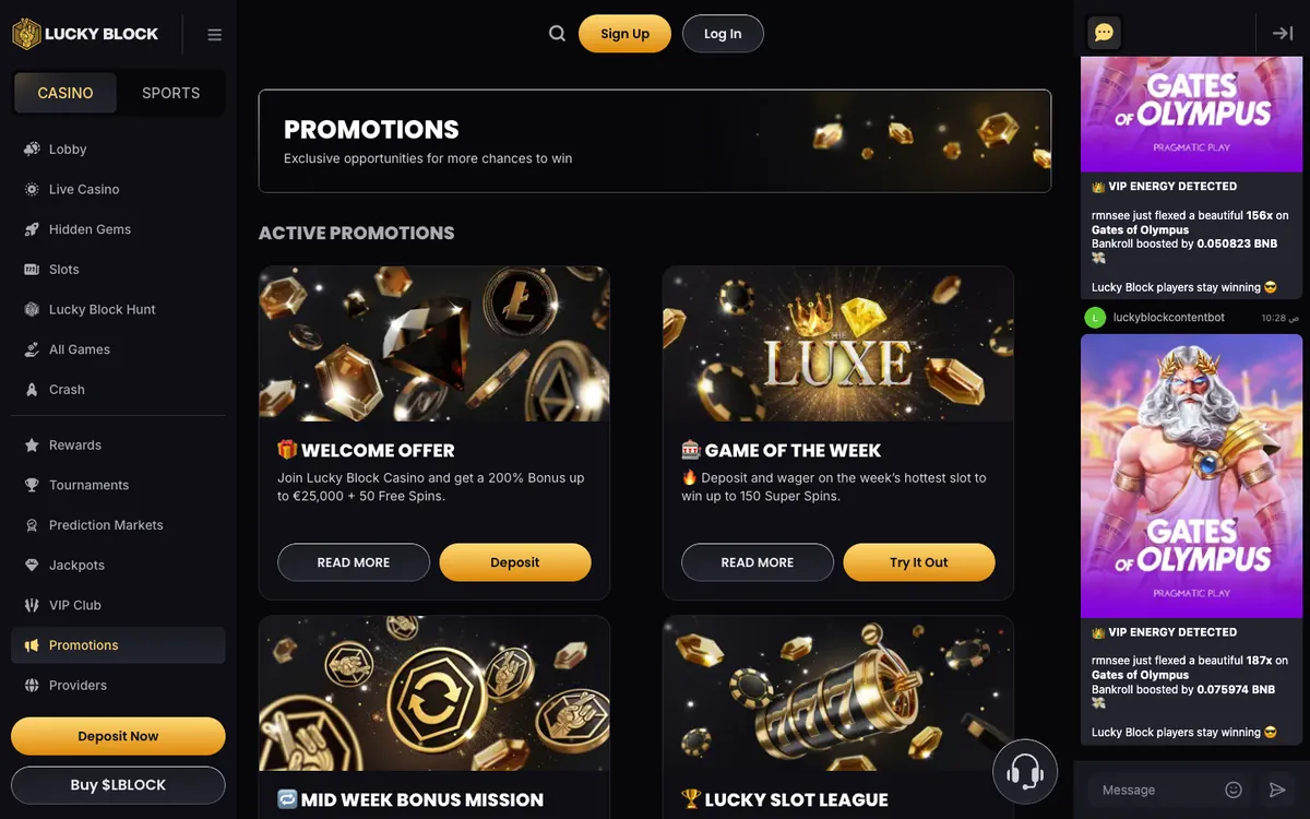 Lucky Block Casino — Promotions, captured from United Arab Emirates