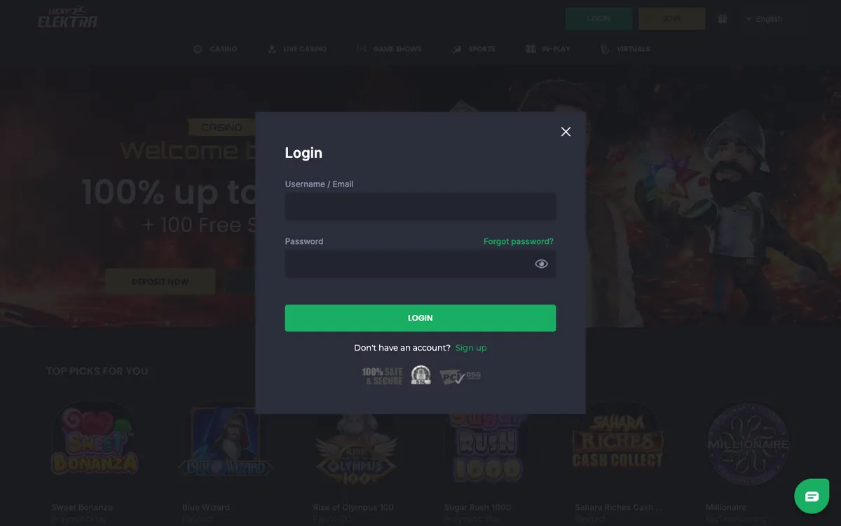 LuckyElektra Casino — Sign-up, captured from Canada