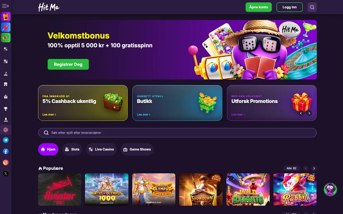 Hit Me Casino — Home page, captured from Norway