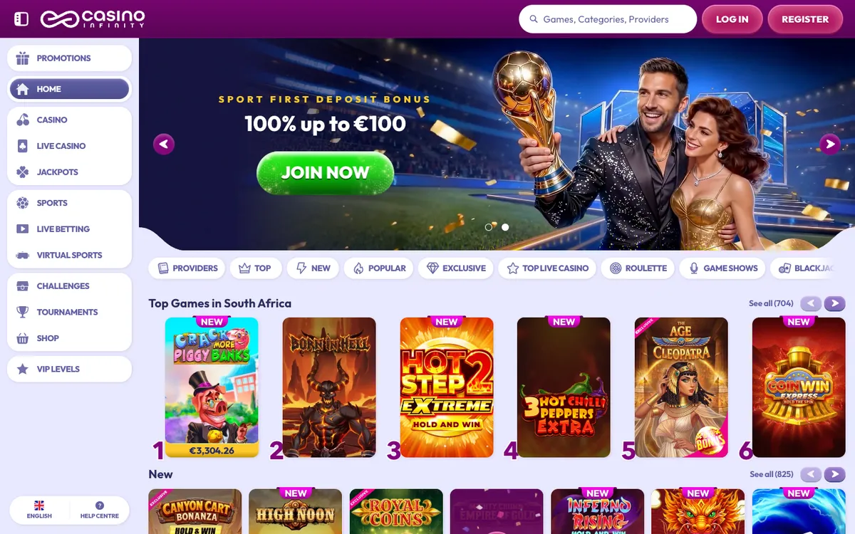 Casino Infinity — «Главная», снято из страны Южно-Африканская Республика