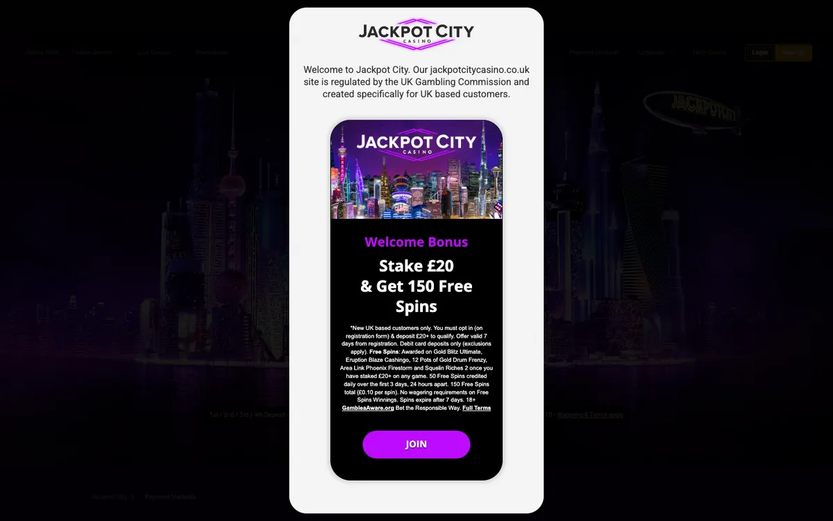 Jackpot City Casino — Payments, captured from United Kingdom