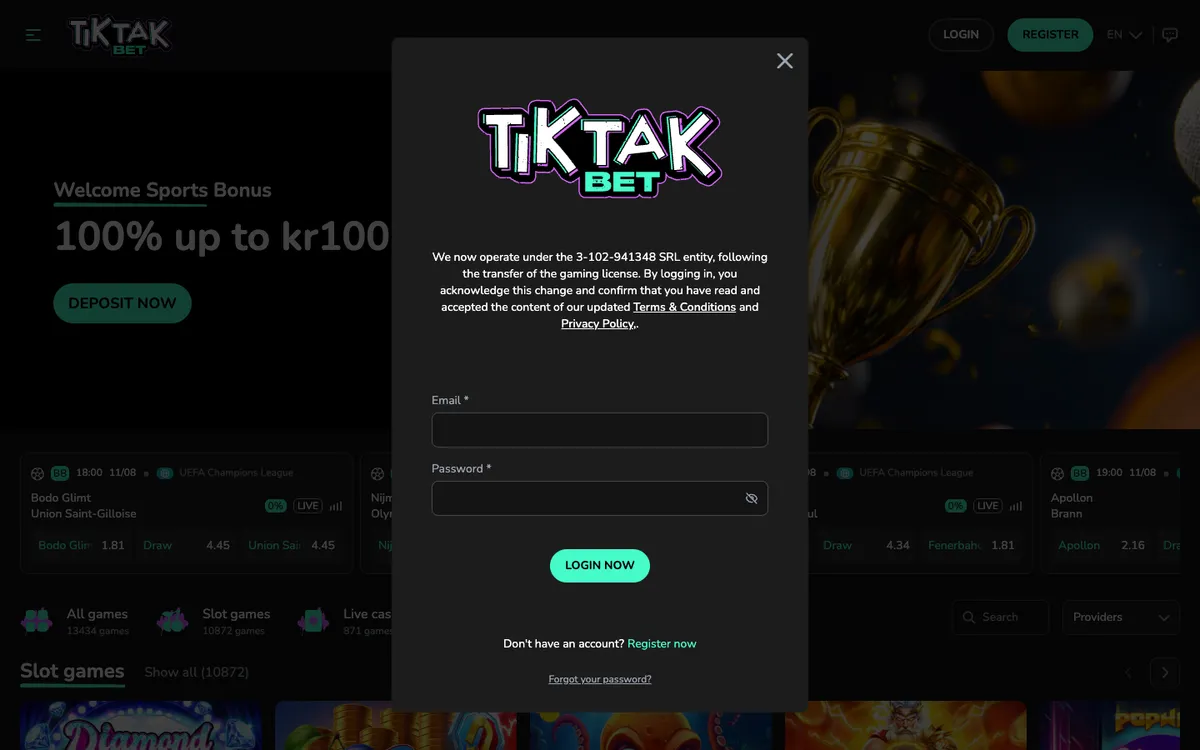 TikTak Bet Casino — «Регистрация», снято из страны Норвегия