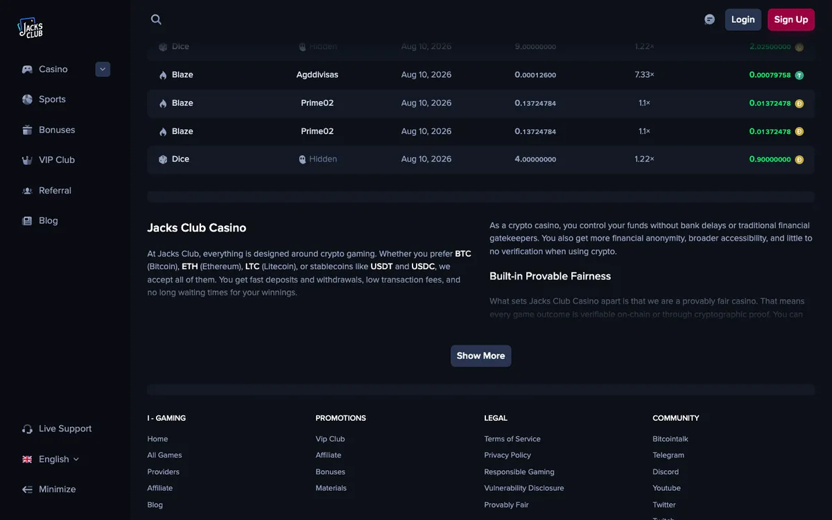 Jacks Club Casino — Home page, captured from Brazil