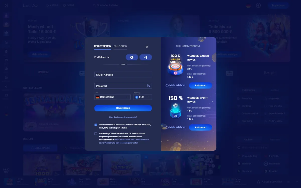 Legzo Casino — «Главная», снято из страны Германия
