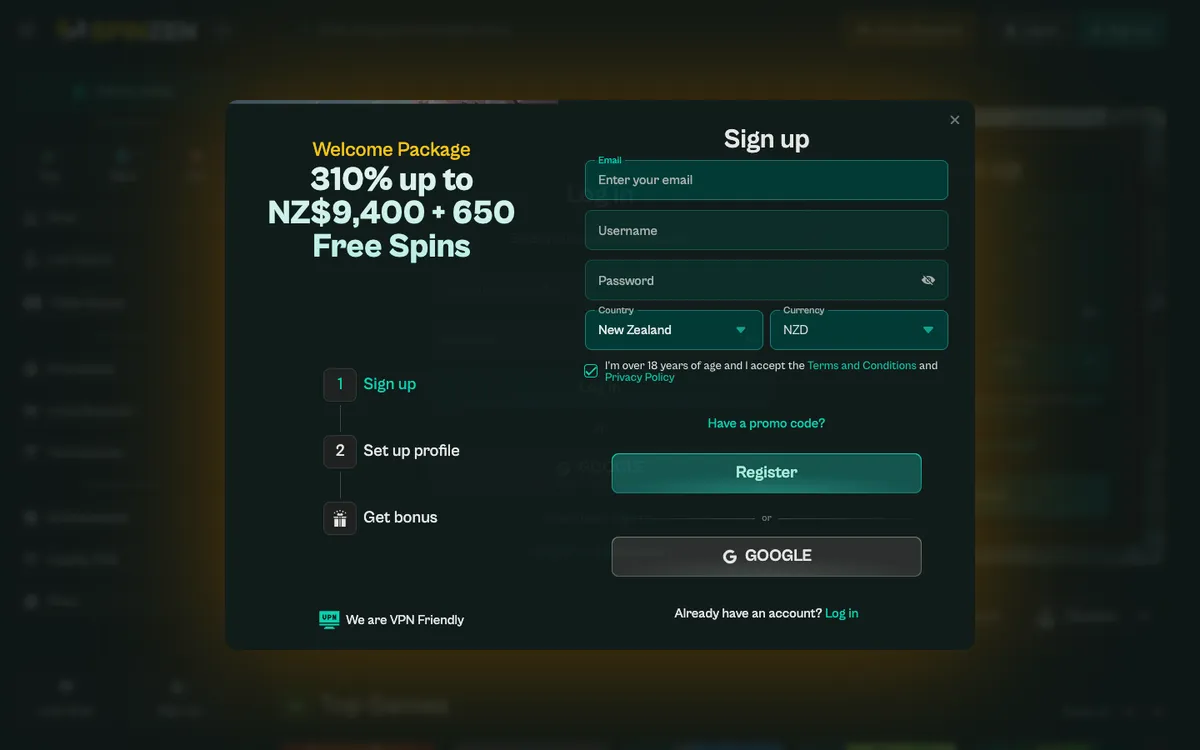Spinzen Casino — Sign-up, captured from New Zealand