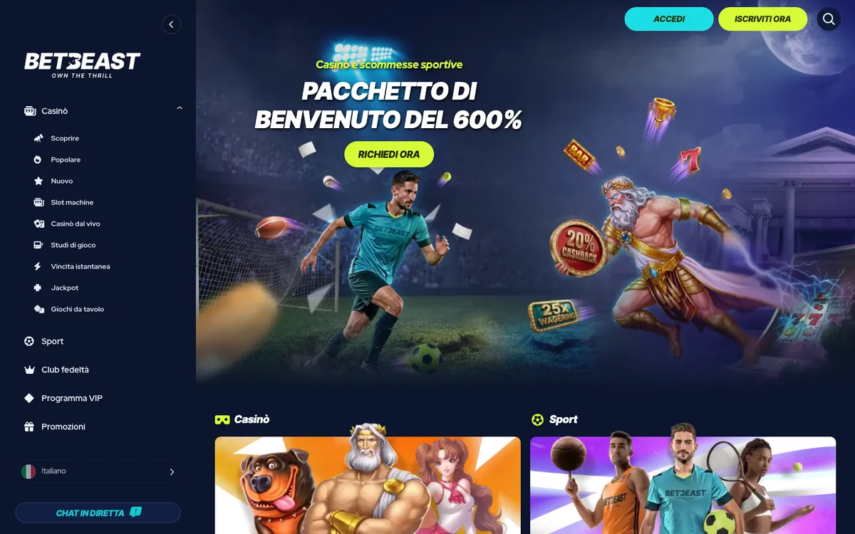 BetBeast Casino — Home page, captured from Italy