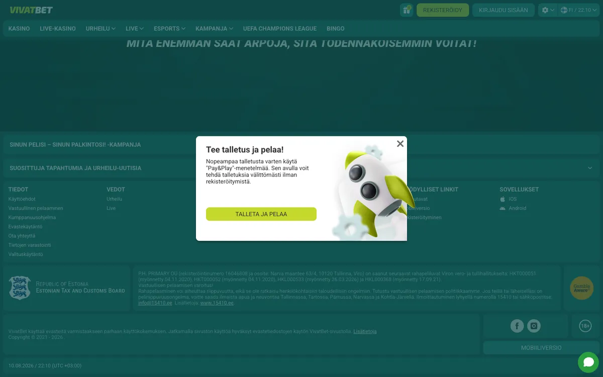 VivatBet Casino — Promotions, captured from Finland