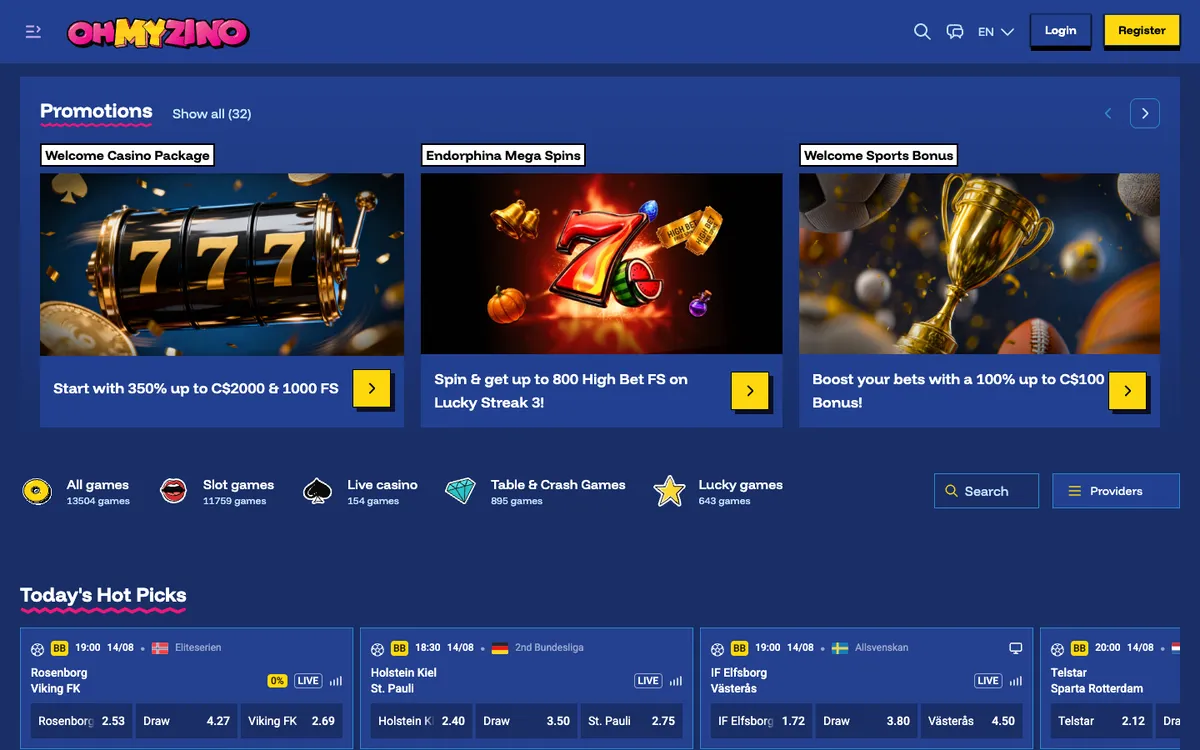 OhMyZino Casino — Home page, captured from Canada
