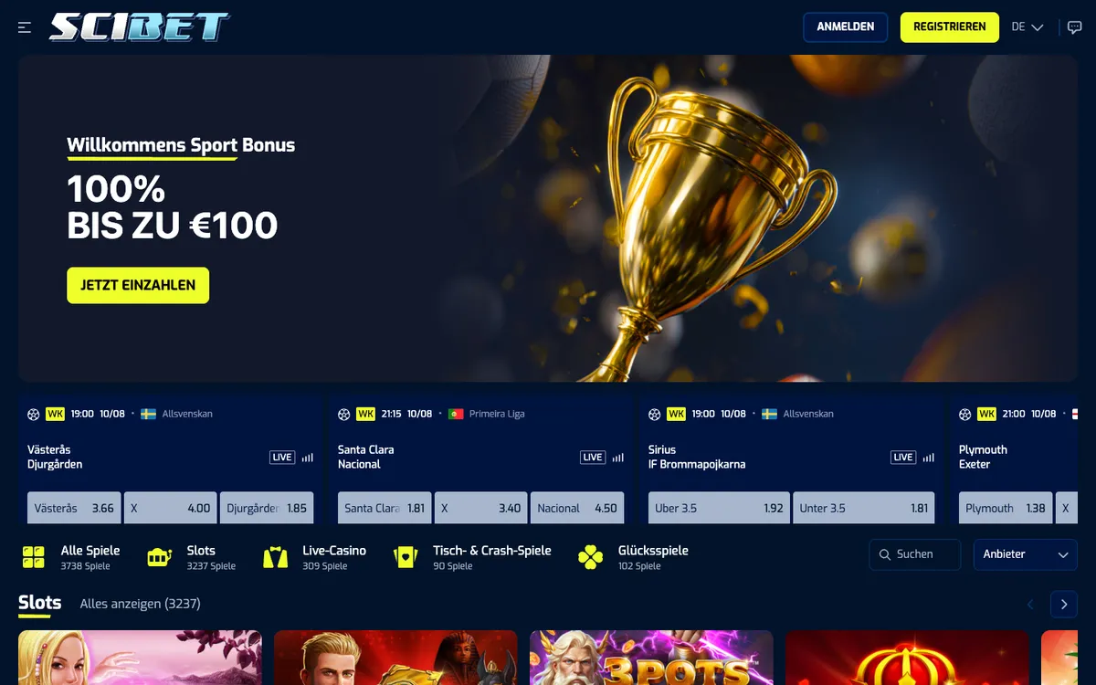 Scibet Casino — Home page, captured from Germany