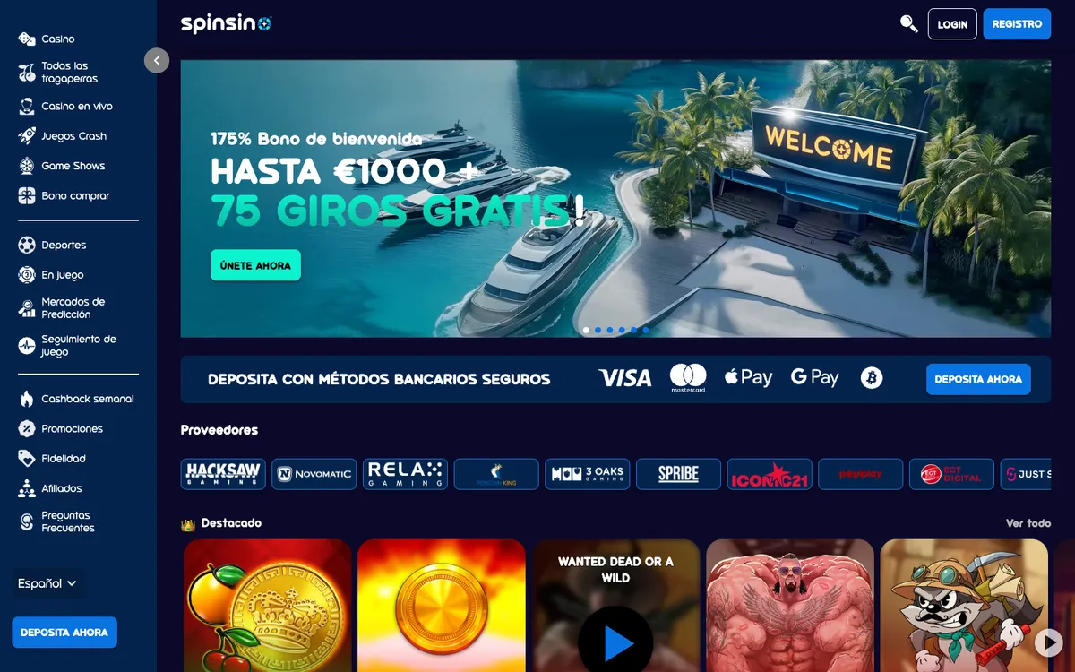 Spinsino Casino — Home page, captured from Spain
