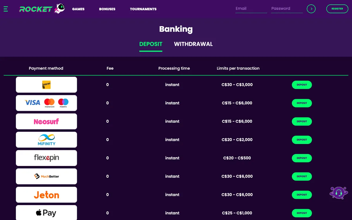 Casino Rocket — Payments, captured from Canada