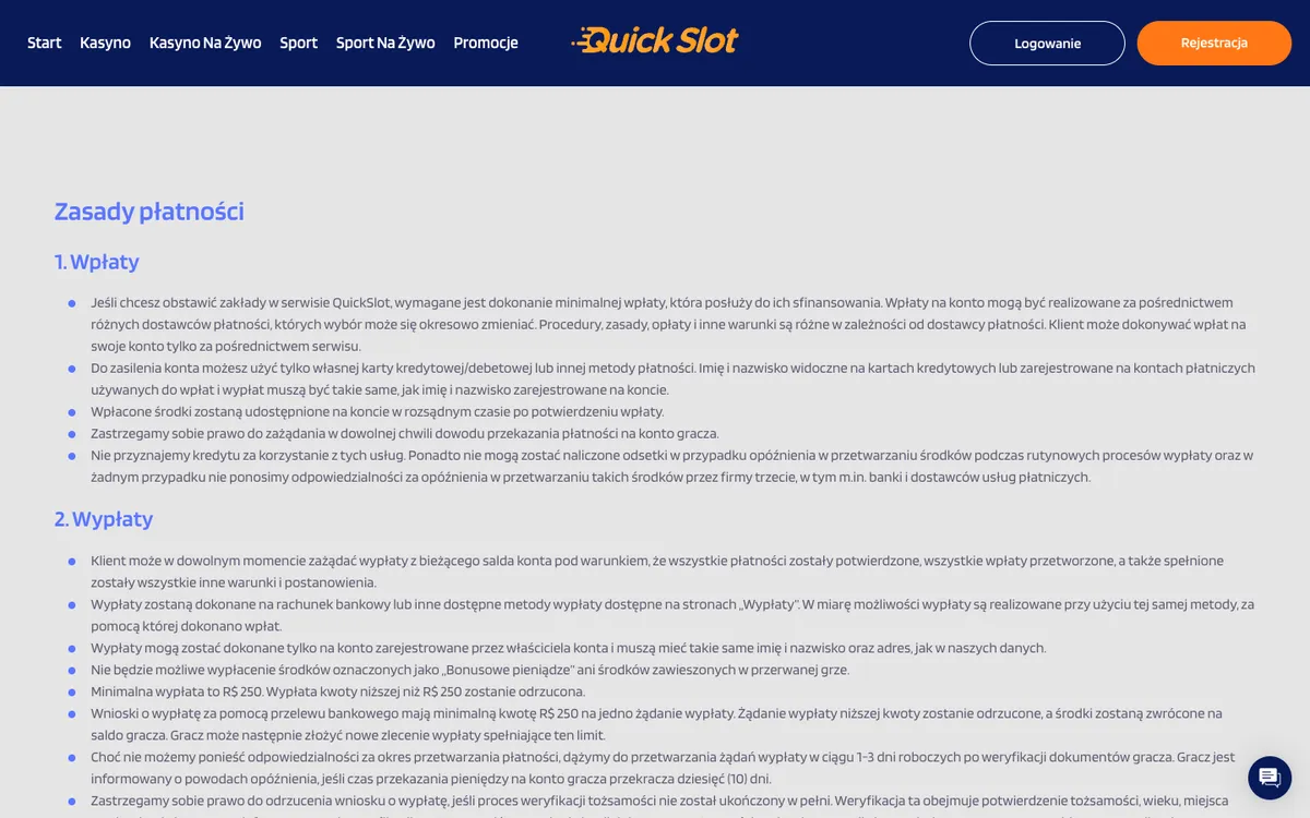 QuickSlot Casino — Payments, captured from Poland
