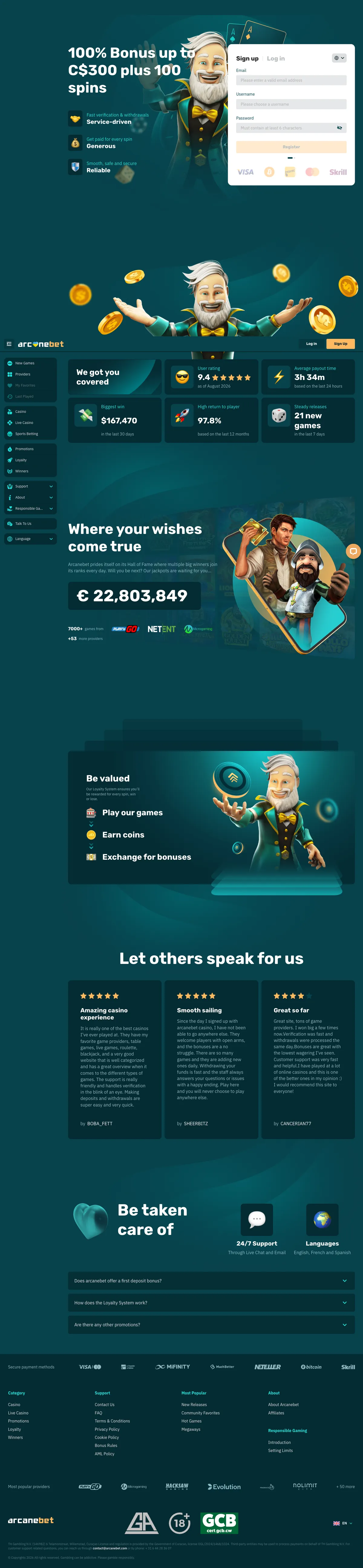 arcanebet Casino — Home page, captured from Canada