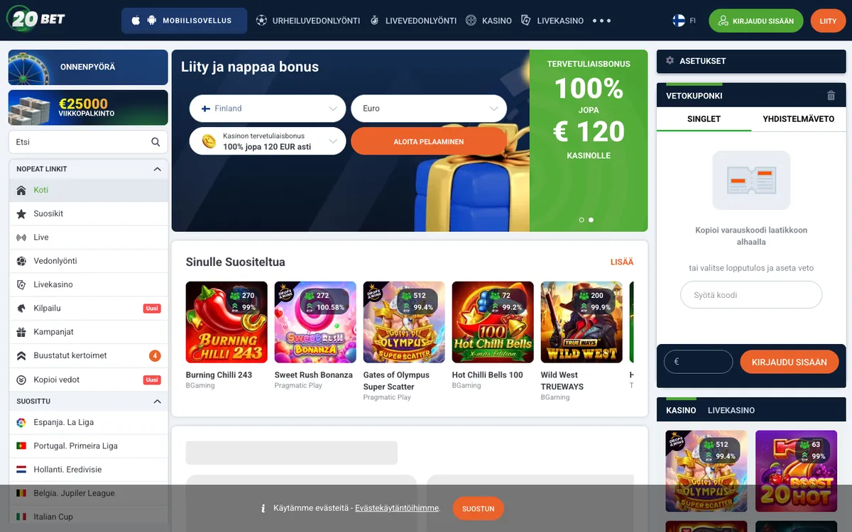 20bet Casino — Home page, captured from Finland