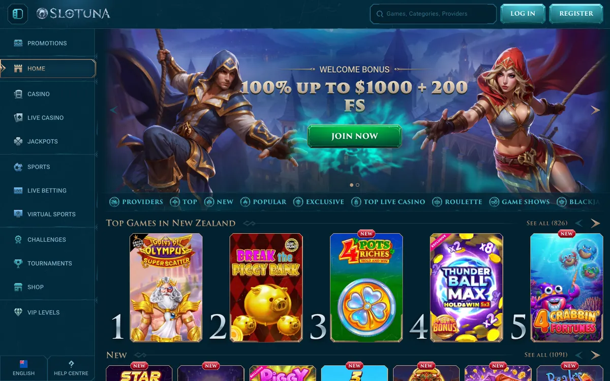 Slotuna Casino — «Главная», снято из страны Новая Зеландия