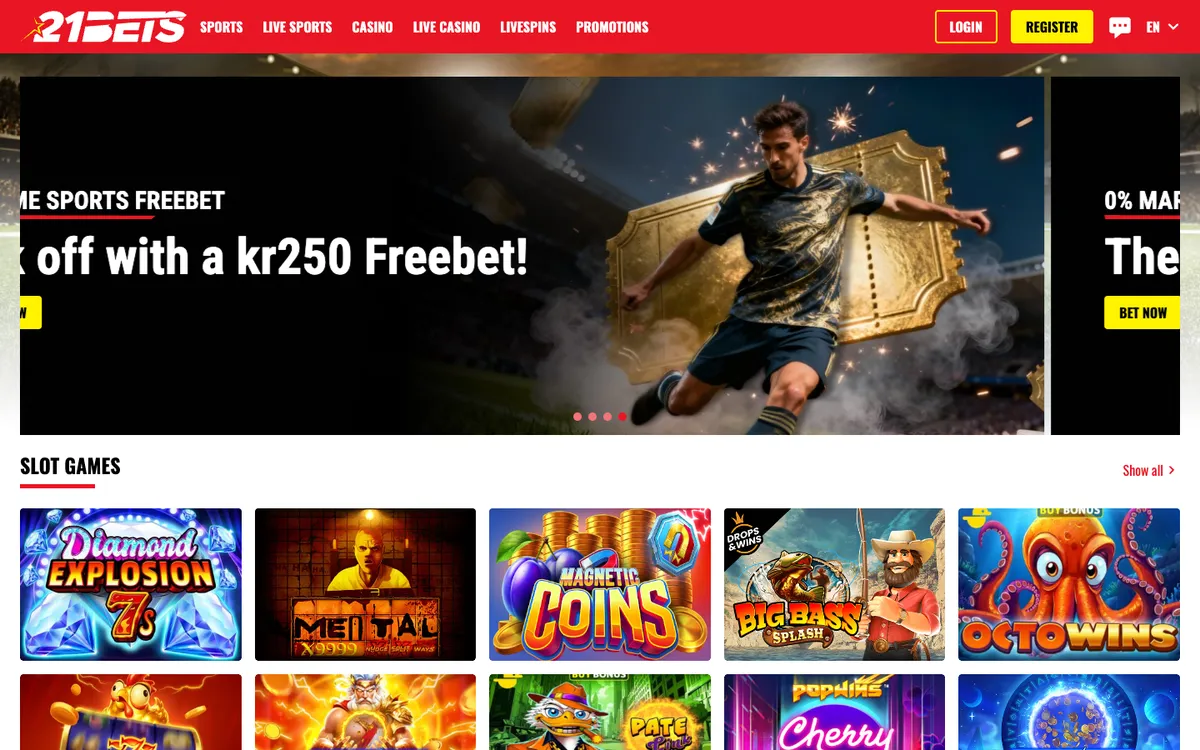21bets.io Casino — Home page, captured from Norway